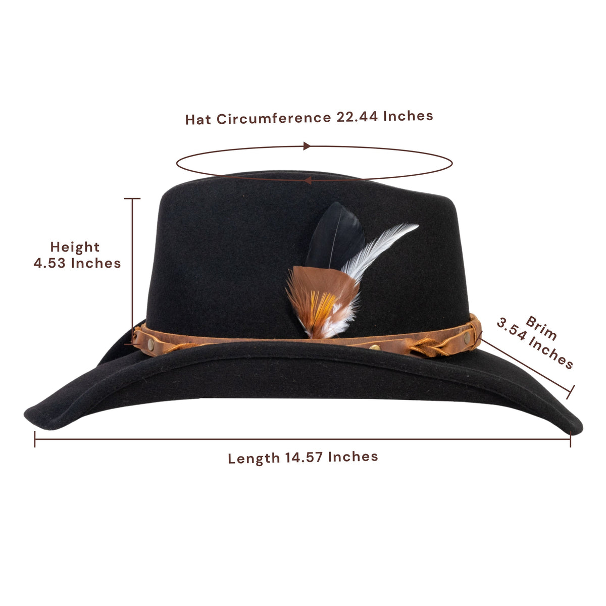 Black wool felt cowboy hat with brown leather band and brass studs, view 3
