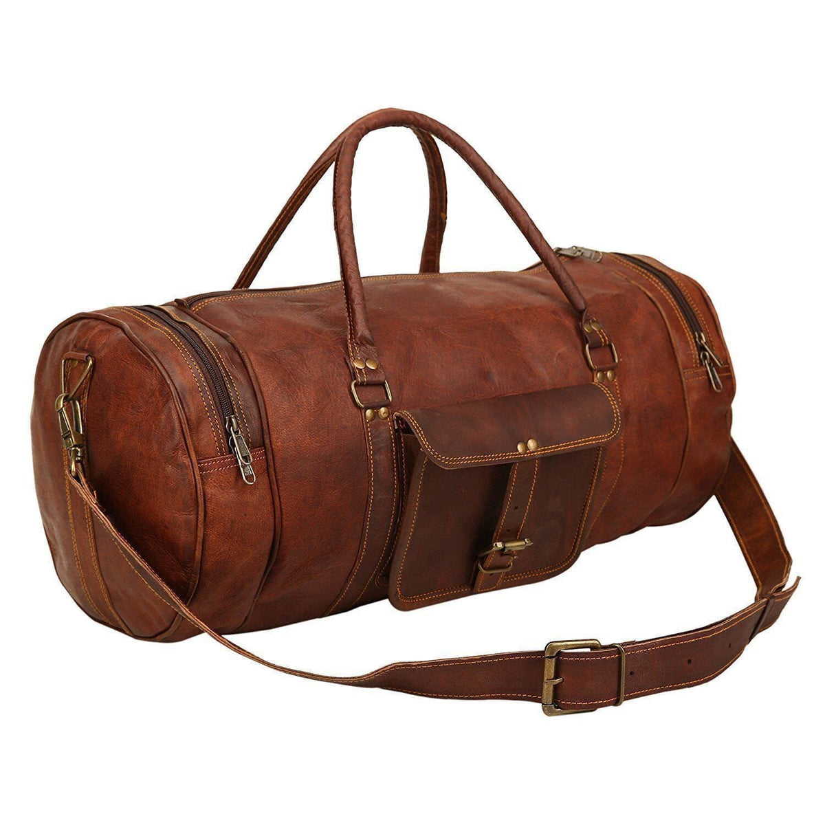 Vintage brown goat leather duffel bag with buckled front pocket, view 2