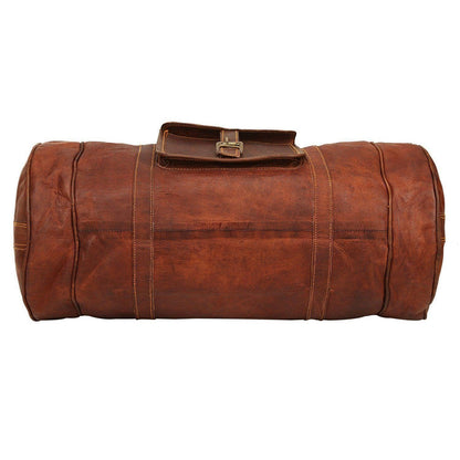 Vintage brown goat leather duffel bag with buckled front pocket, view 4