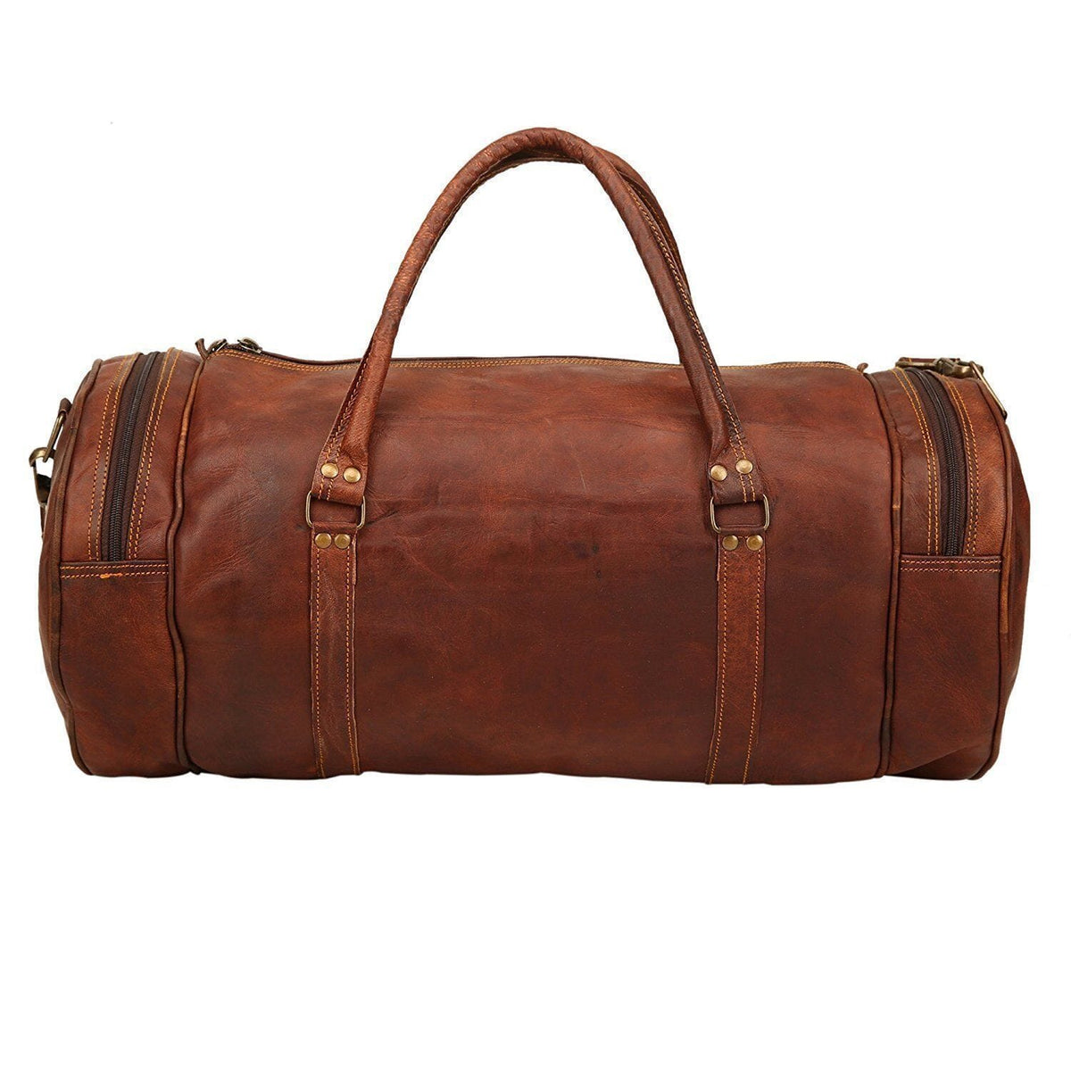Vintage brown goat leather duffel bag with buckled front pocket, view 3