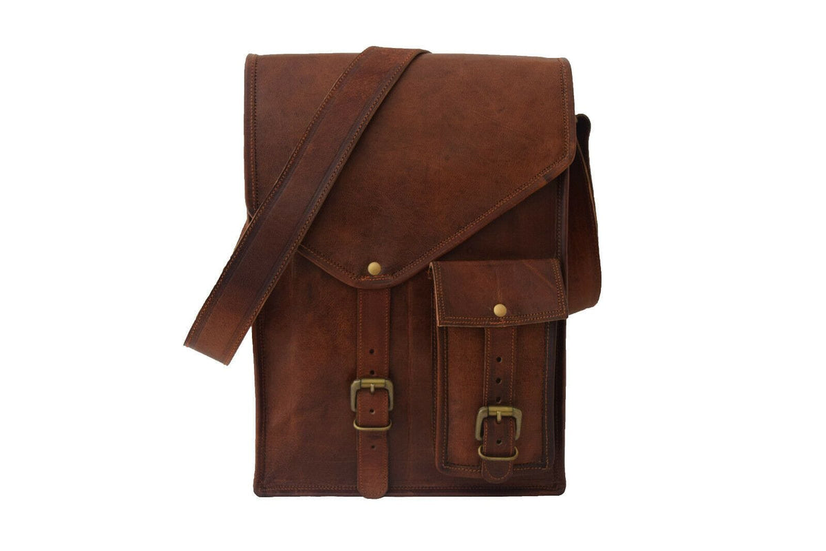 Vintage brown goat leather crossbody tablet bag with front flap, view 4