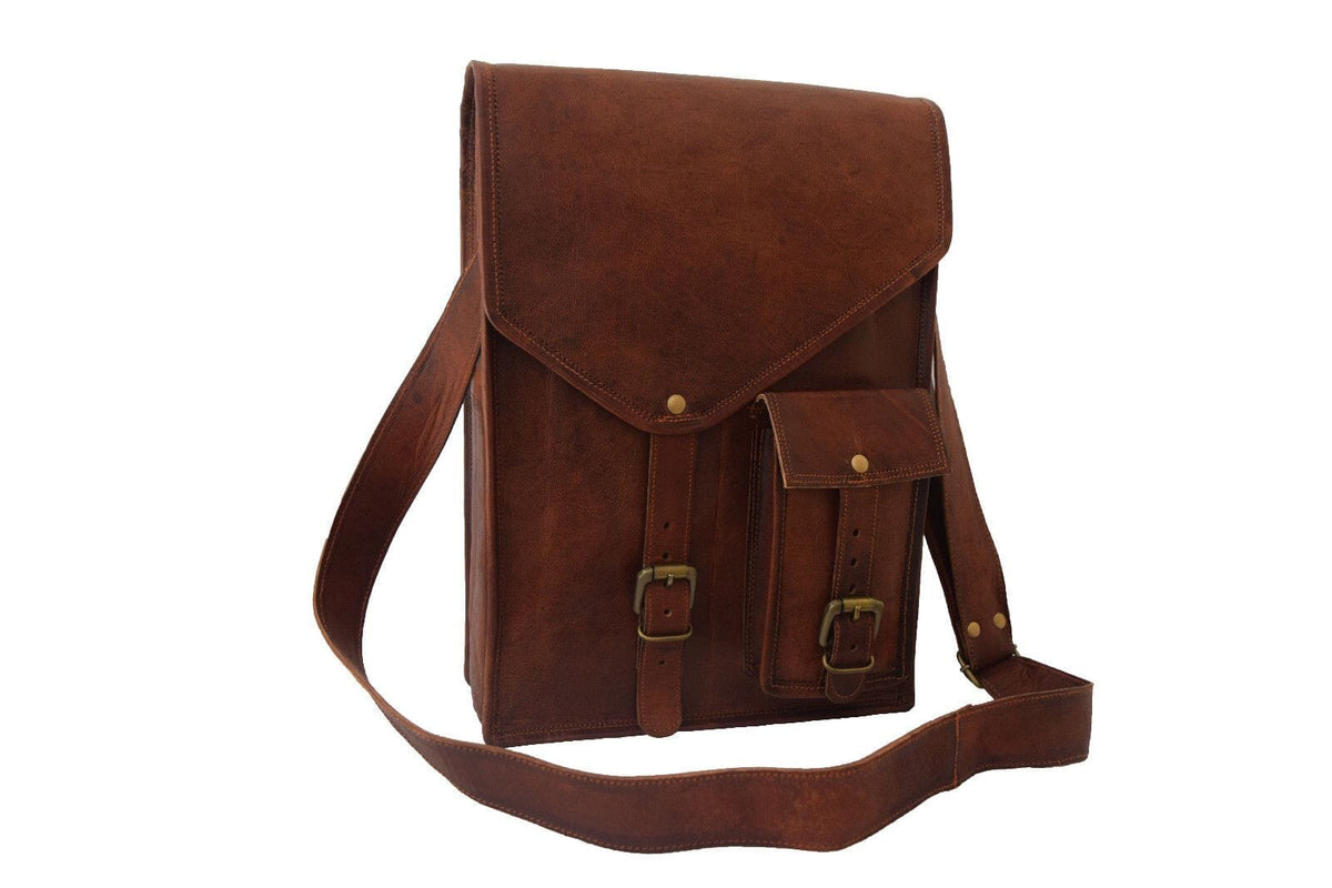 Vintage brown goat leather crossbody tablet bag with front flap, view 3