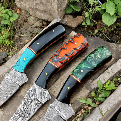 Damascus hunting knife with resin and exotic wood handle, view 2