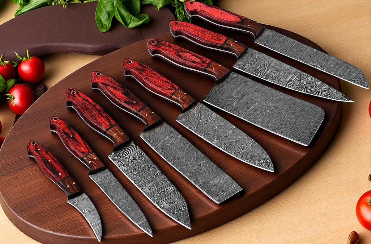 Eight-piece Damascus knife set with rosewood and red wood handles