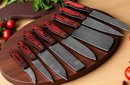 Eight-piece Damascus knife set with rosewood and red wood handles