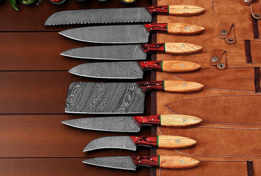 Eight-piece Damascus knife set with olivewood and red wood handles
