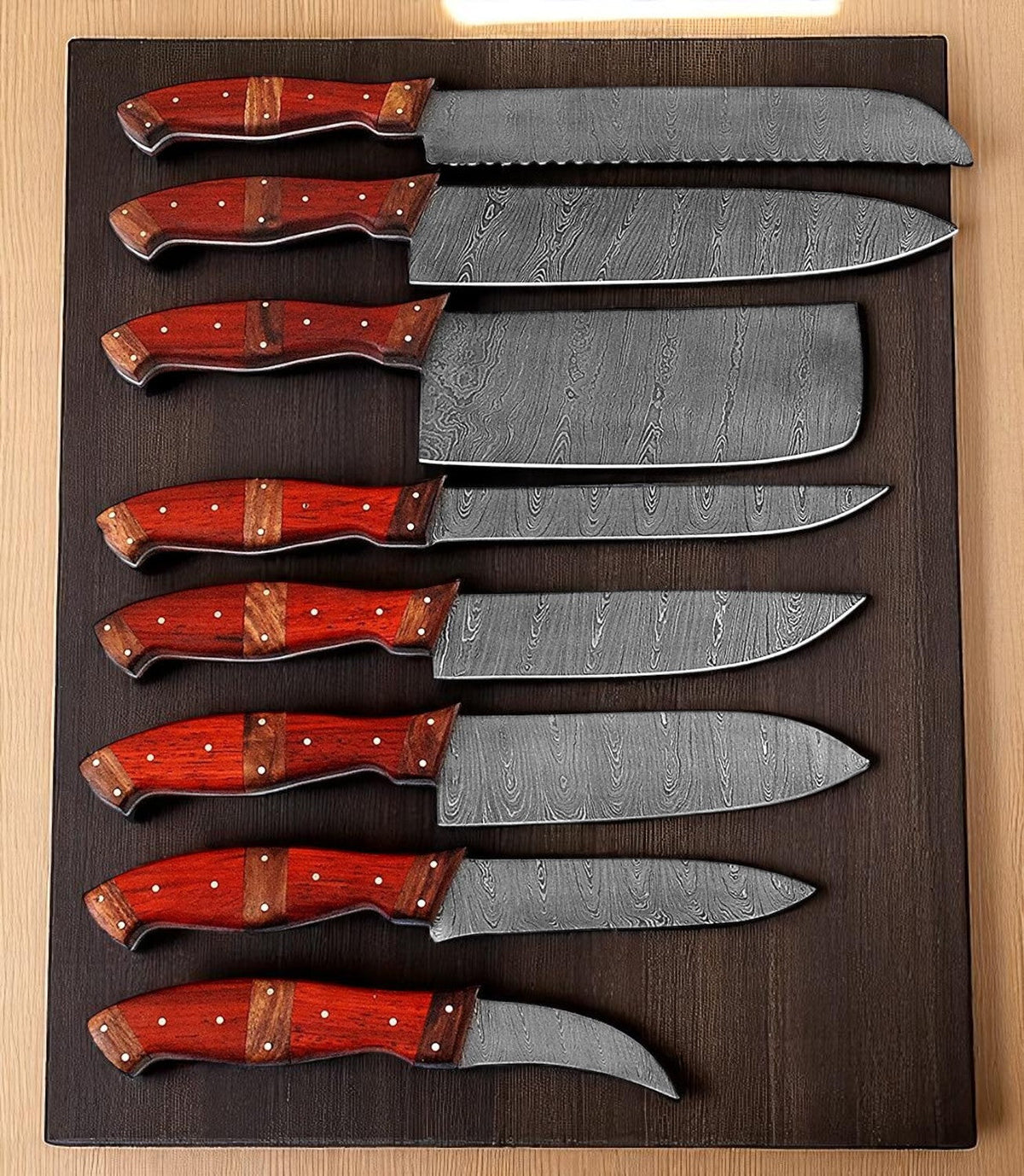 Eight-piece Damascus kitchen knife set with red wood and rosewood handles