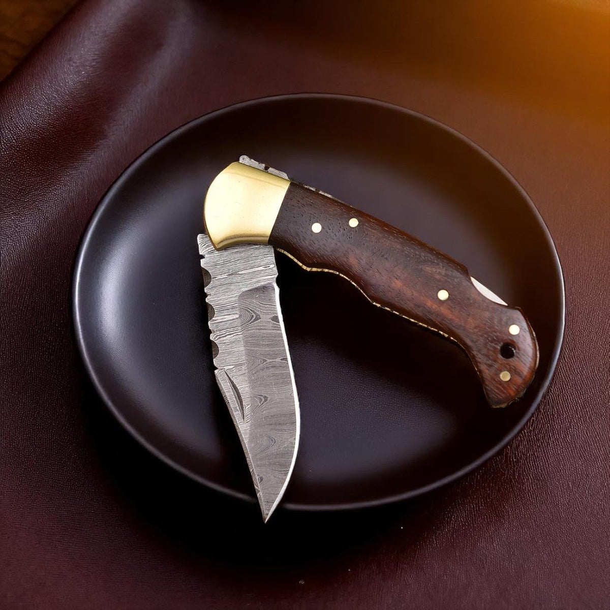 Damascus cowboy pocket knife with wood handle