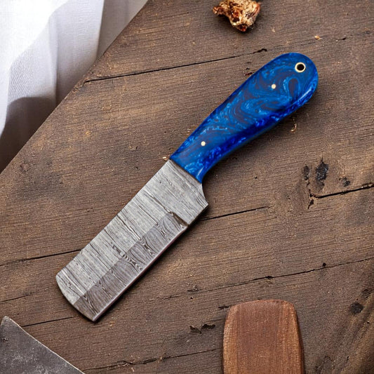 Damascus bull cutter knife with colored resin handle