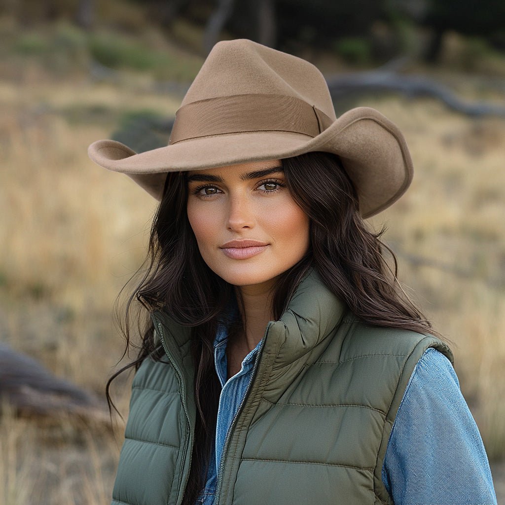Light tan wool felt cowboy hat with subtle crown stitching, view 2