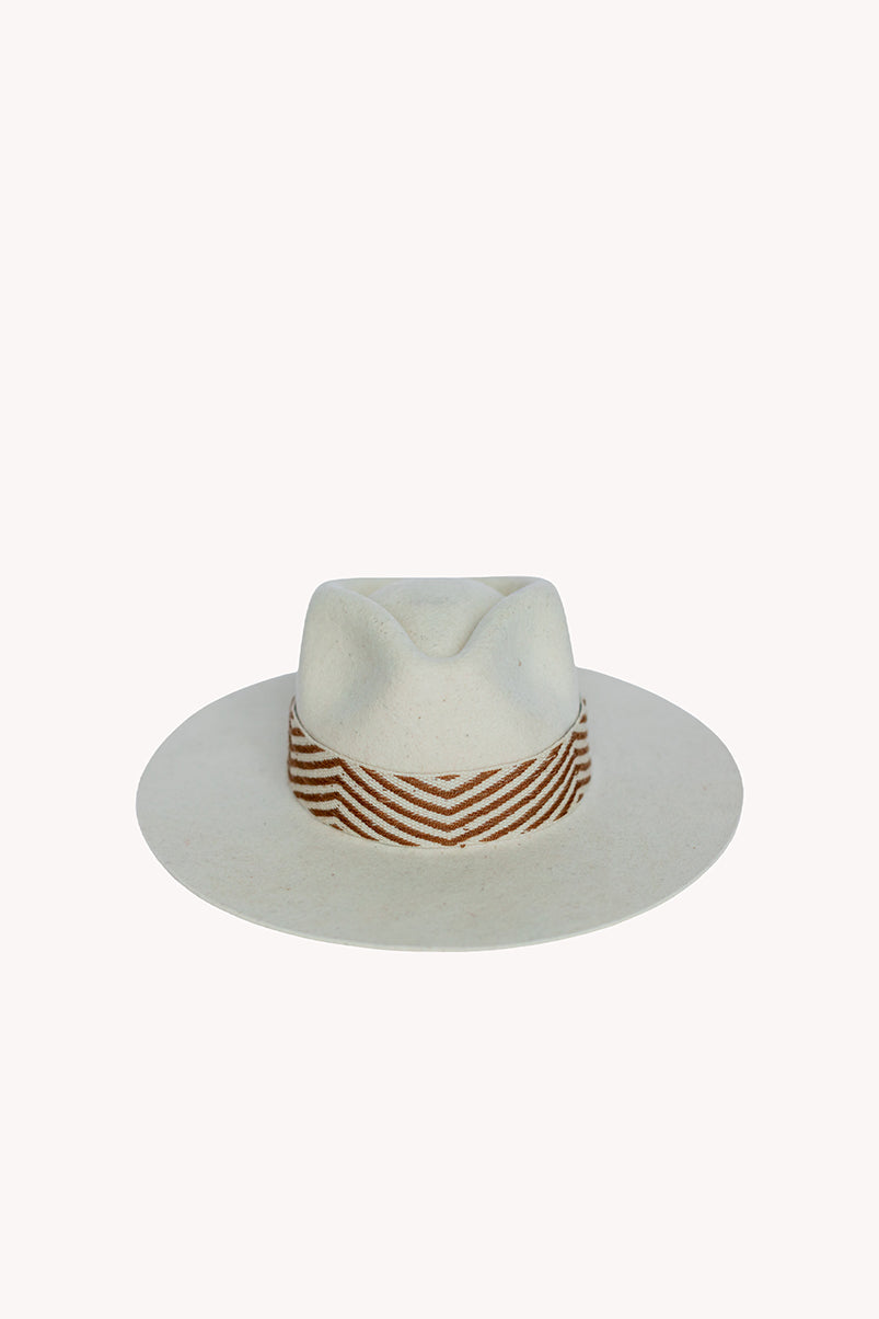 Speckled white alpaca wool felt Western hat with a woven hatband