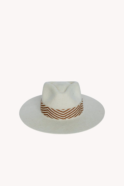 Speckled white alpaca wool felt Western hat with a woven hatband