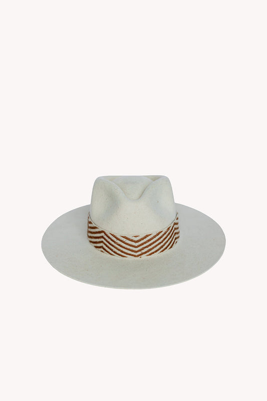 Speckled white alpaca wool felt Western hat with a woven hatband
