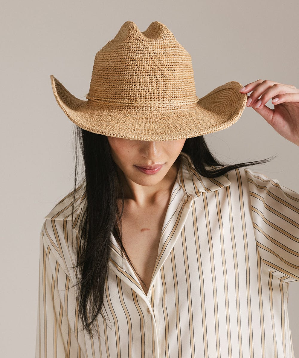Natural crochet raffia cowboy hat with a cattleman crown, view 4