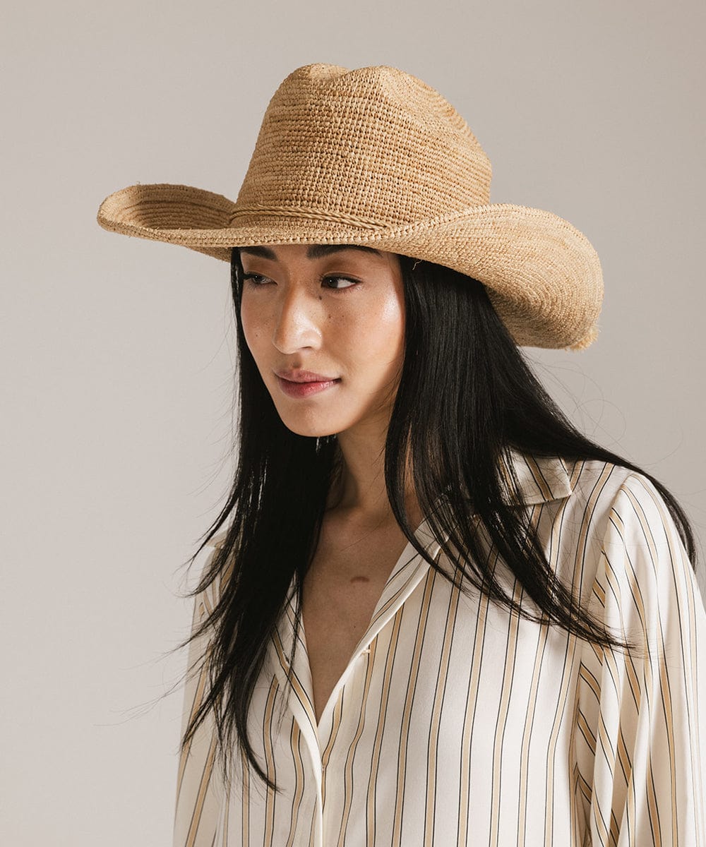 Natural crochet raffia cowboy hat with a cattleman crown, view 3