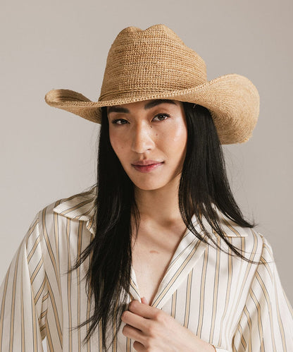 Natural crochet raffia cowboy hat with a cattleman crown, view 2