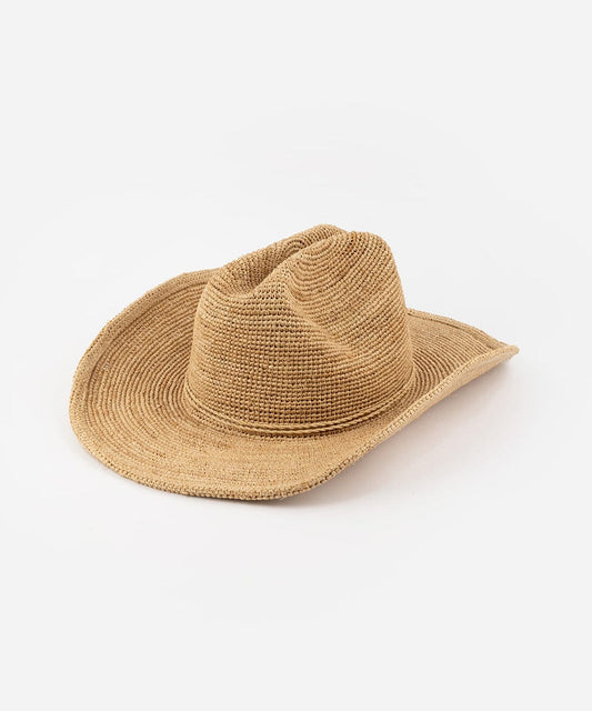 Natural crochet raffia cowboy hat with a cattleman crown