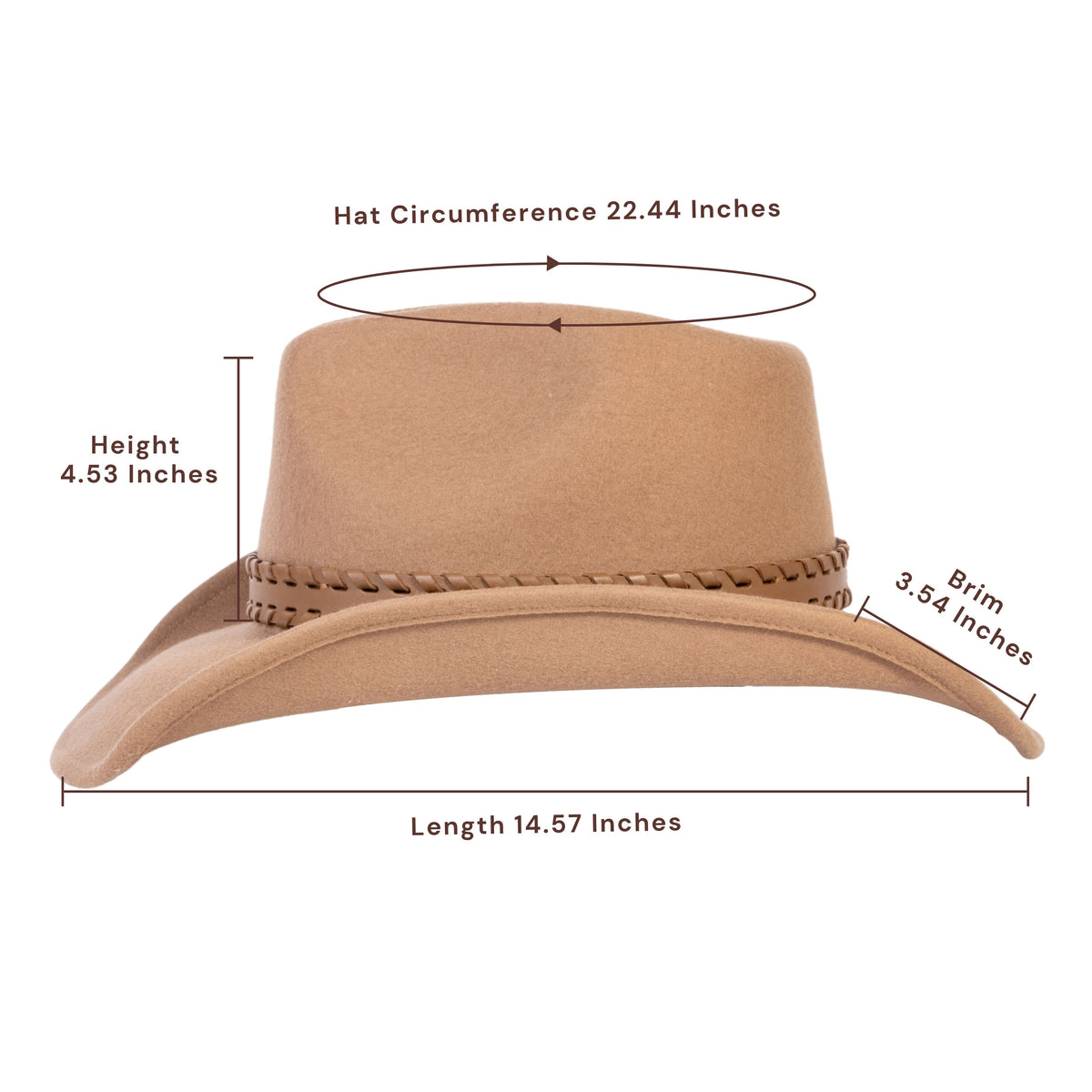 Tan wool felt cowboy hat with light brown leather band, view 3