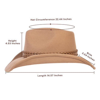 Tan wool felt cowboy hat with light brown leather band, view 3