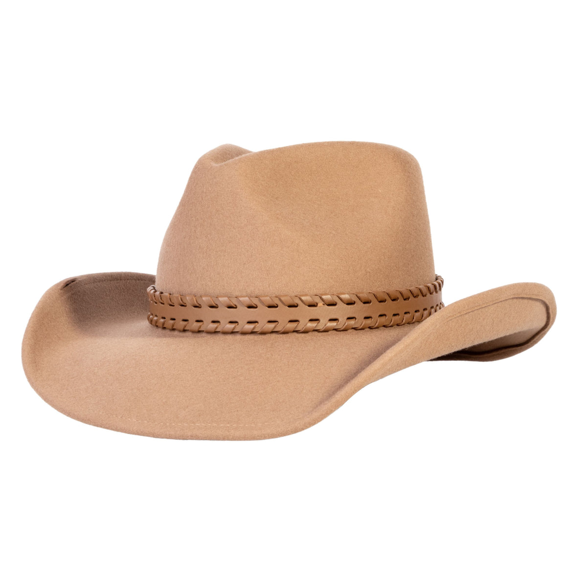 Tan wool felt cowboy hat with light brown leather band
