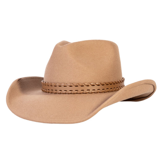 Tan wool felt cowboy hat with light brown leather band