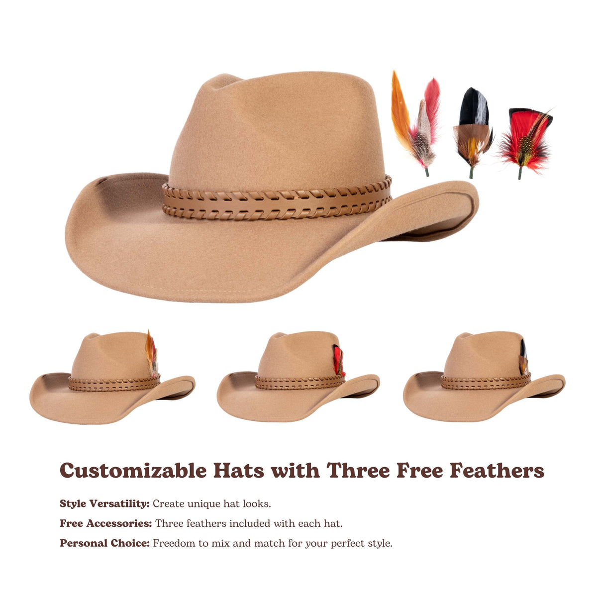 Tan wool felt cowboy hat with light brown leather band, view 4