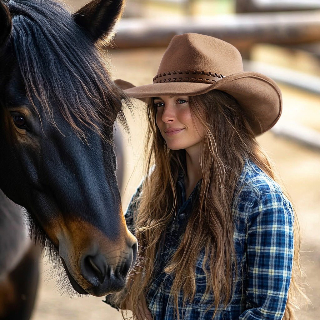 Tan wool felt cowboy hat with light brown leather band, view 2