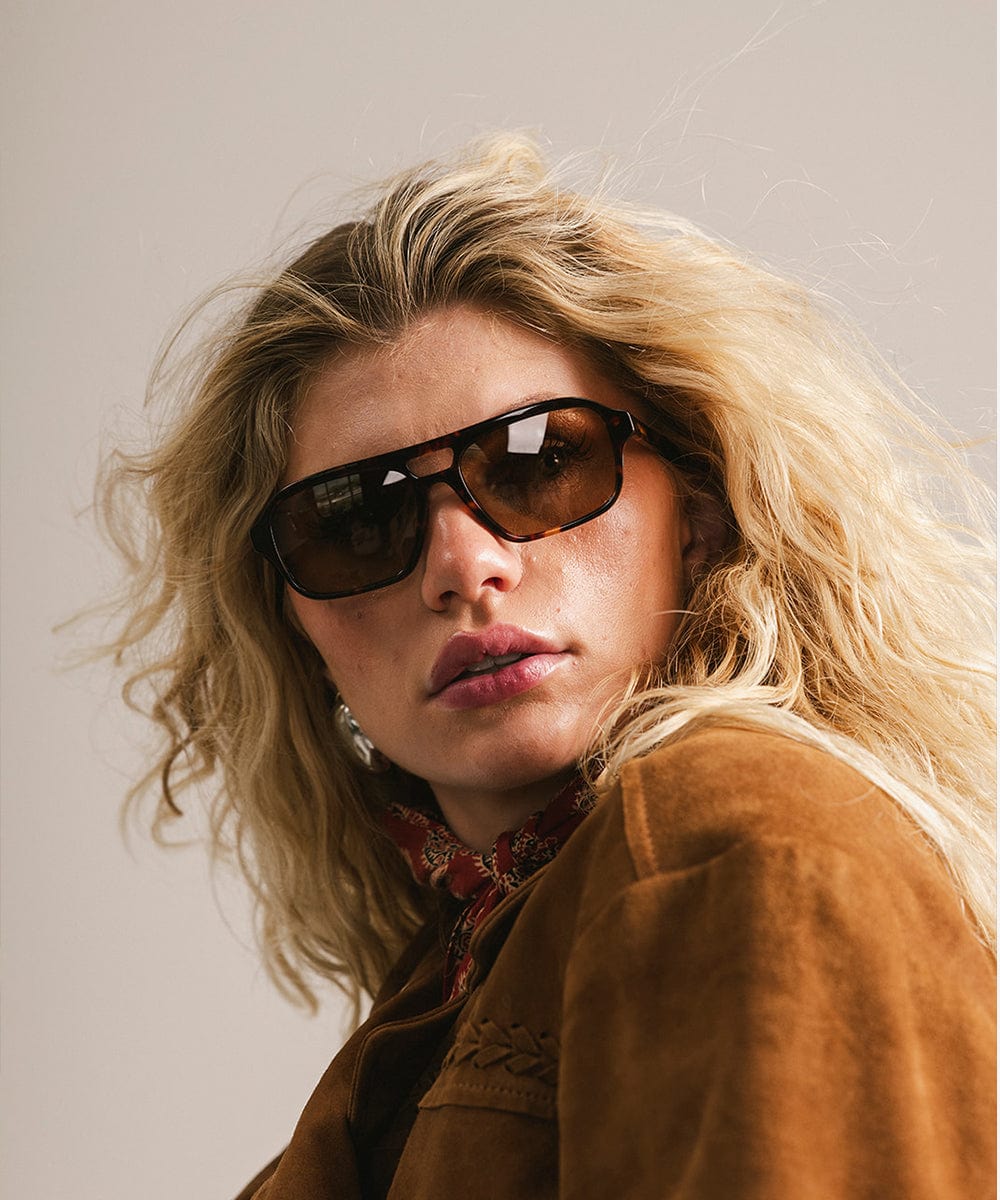 Tortoise rectangular aviator sunglasses with lighter lenses, view 2