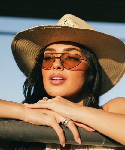 Bronze-brown metal aviator sunglasses with light brown lenses, view 2