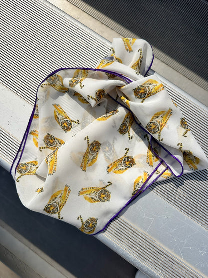 Yellow watercolor tiger chiffon scarf with purple edging, view 6