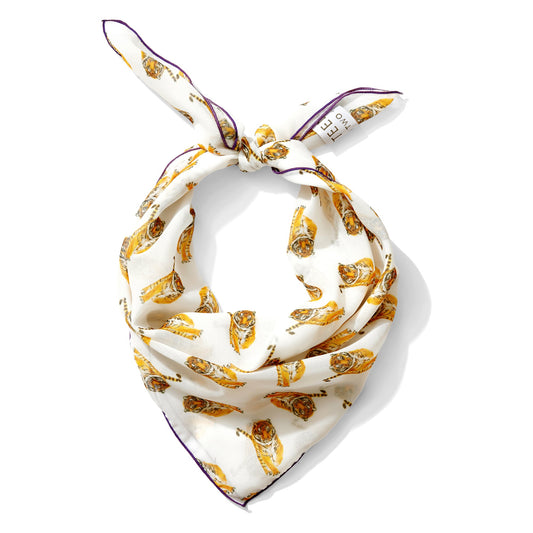 Yellow watercolor tiger chiffon scarf with purple edging