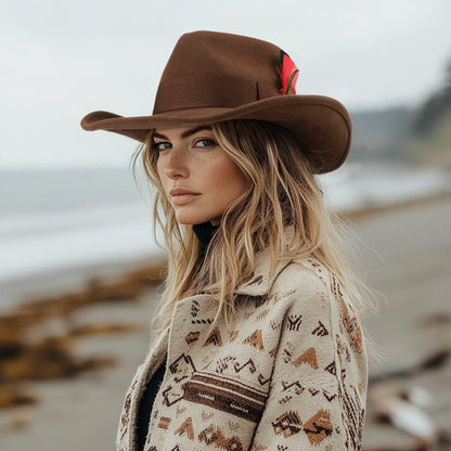 Chestnut brown wool felt cowboy hat with stitched crown, view 2