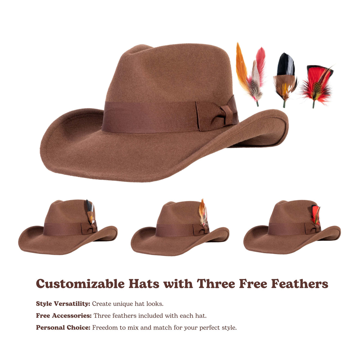 Chestnut brown wool felt cowboy hat with stitched crown, view 4