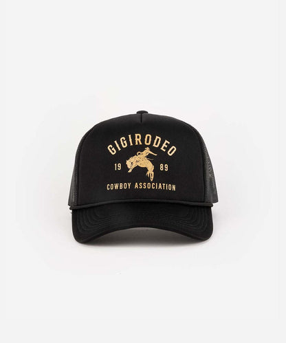Black foam and mesh trucker hat with a hand-drawn cowboy and bucking bronco