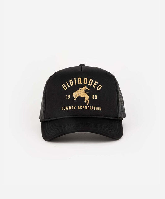 Black foam and mesh trucker hat with a hand-drawn cowboy and bucking bronco