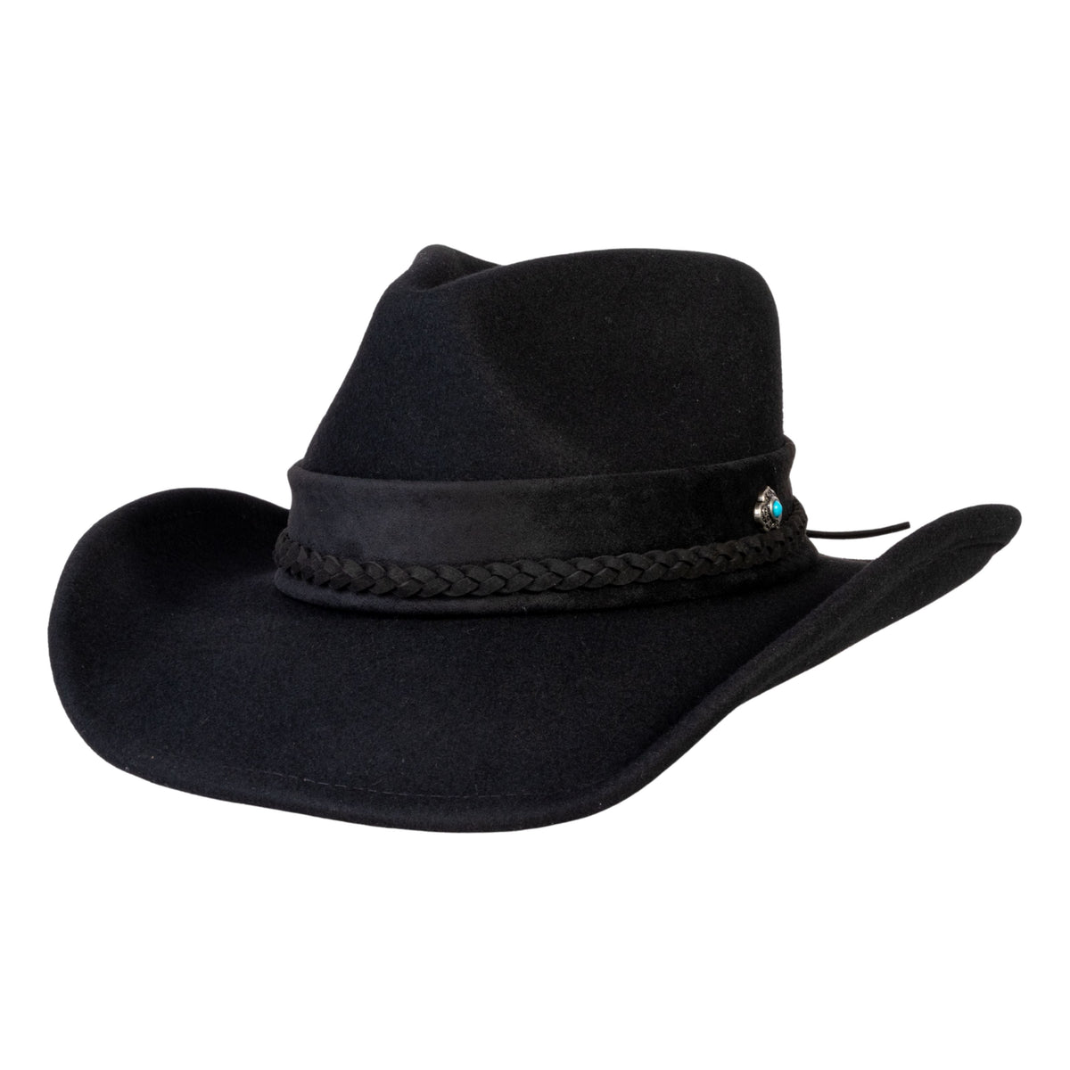 Black wool felt cowboy hat with braided band and turquoise stud