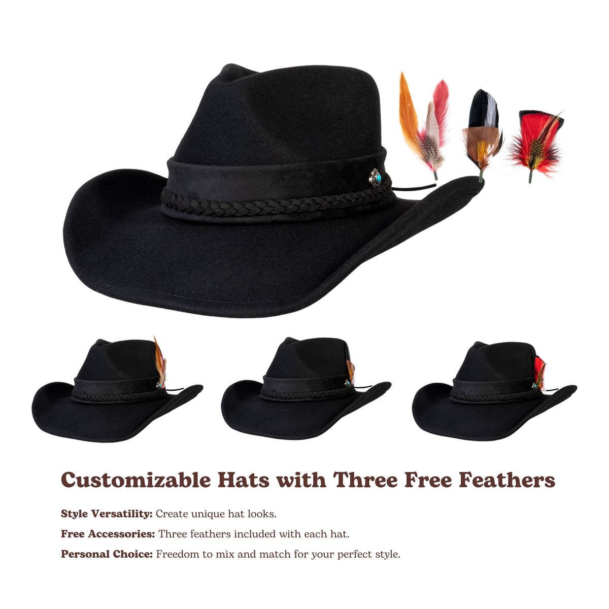 Black wool felt cowboy hat with braided band and turquoise stud, view 4