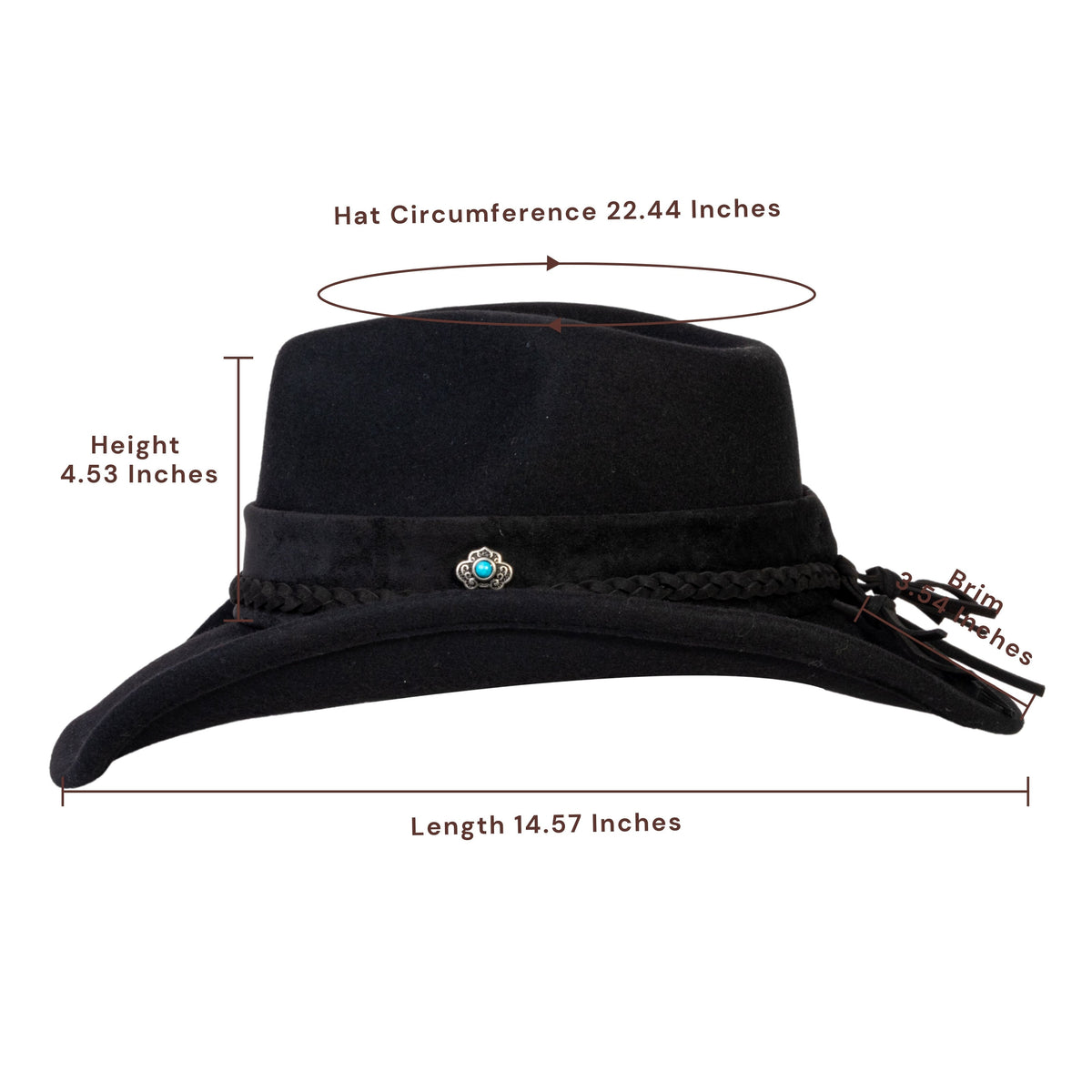 Black wool felt cowboy hat with braided band and turquoise stud, view 3