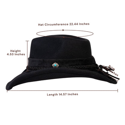 Black wool felt cowboy hat with braided band and turquoise stud, view 3