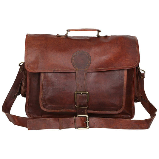 Natural brown goat leather laptop messenger bag with buckled front pocket