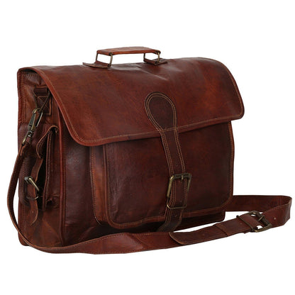 Natural brown goat leather laptop messenger bag with buckled front pocket, view 3