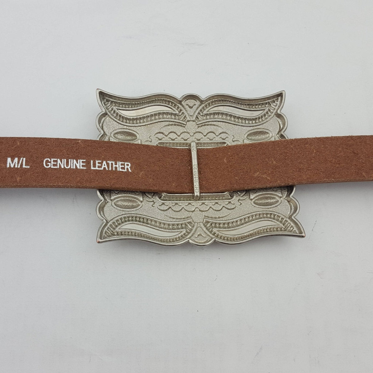 Distressed leather belt with silver rectangular conchos, view 7