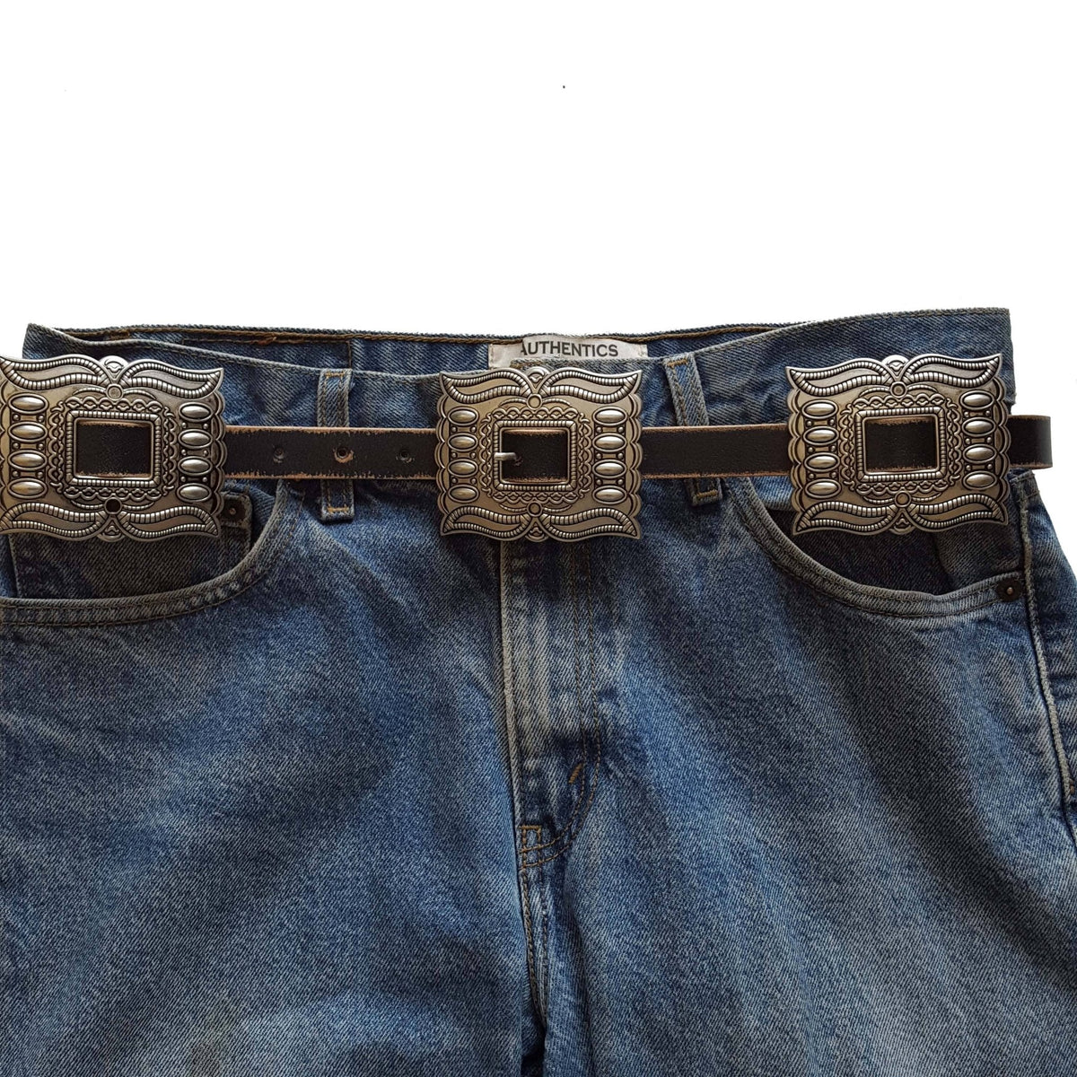 Distressed leather belt with silver rectangular conchos, view 5