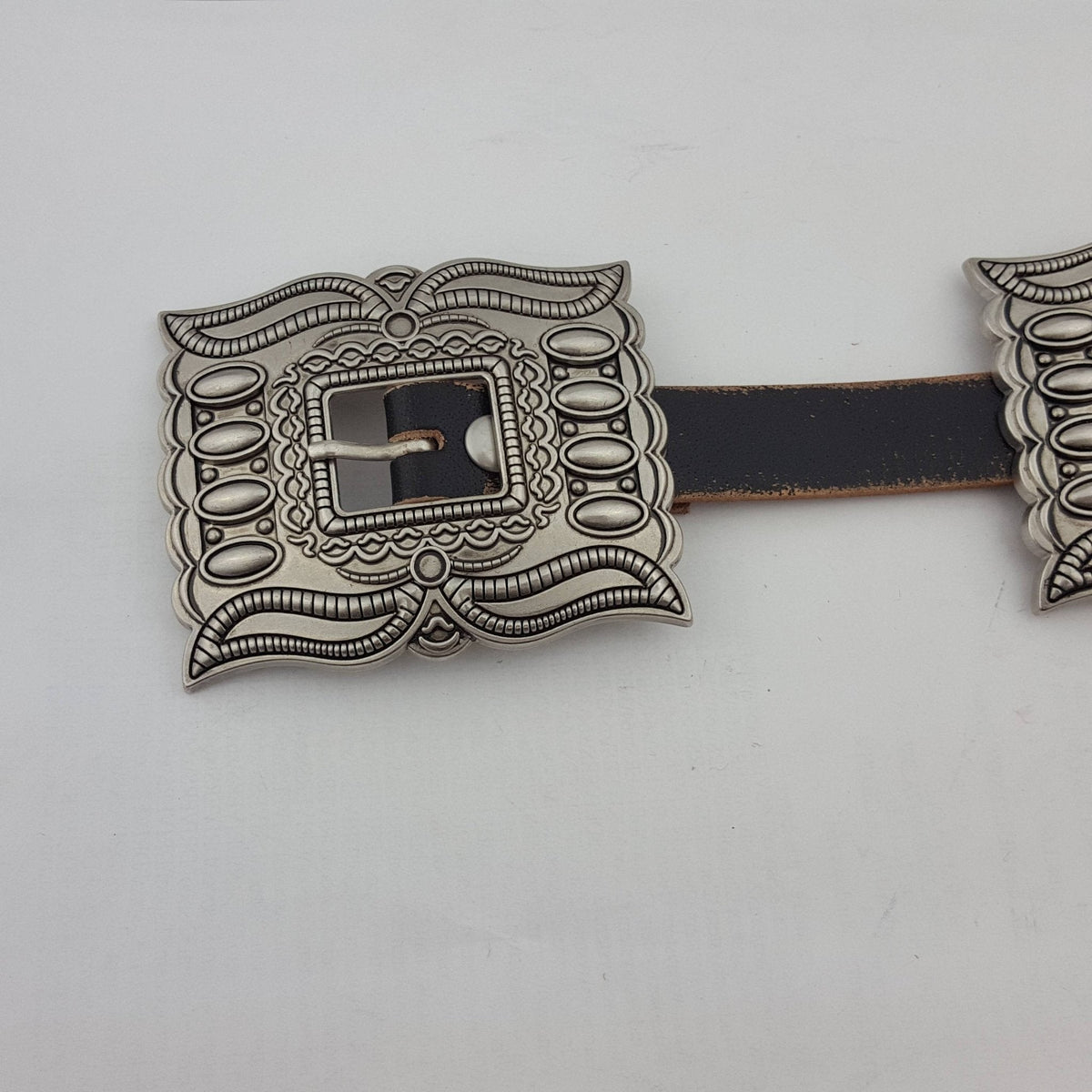 Distressed leather belt with silver rectangular conchos, view 8