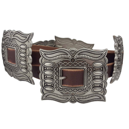 Distressed leather belt with silver rectangular conchos, view 3