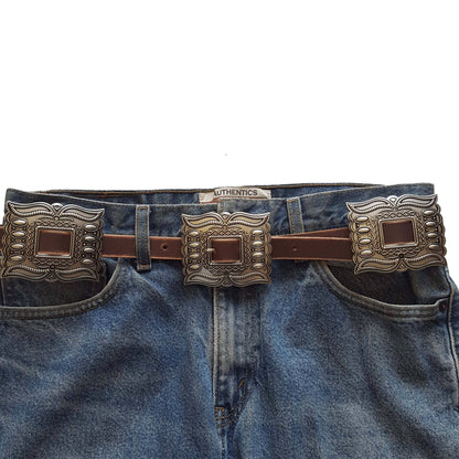 Distressed leather belt with silver rectangular conchos, view 4
