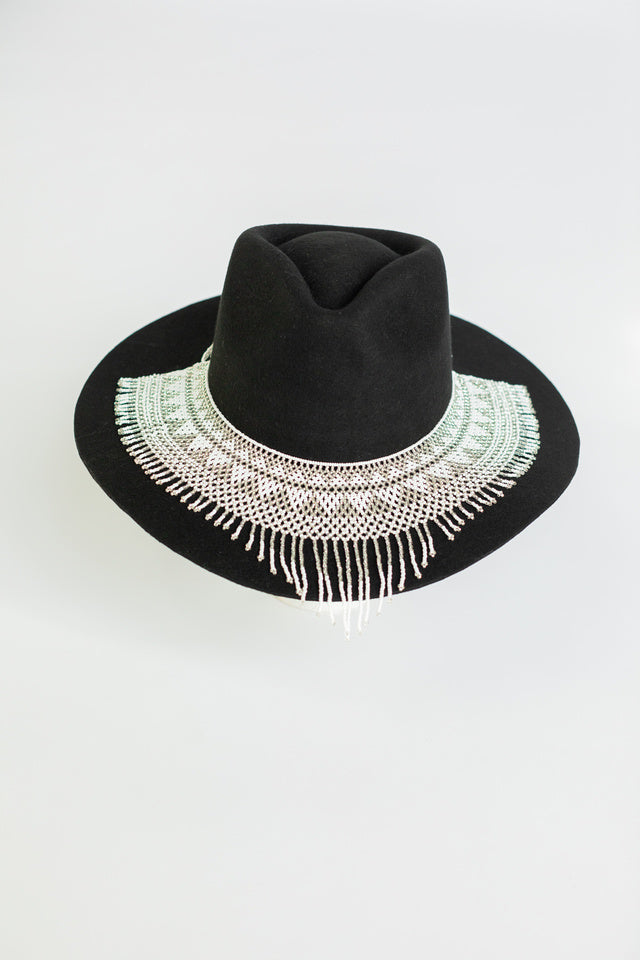 White cascading glass bead hat necklace, view 3