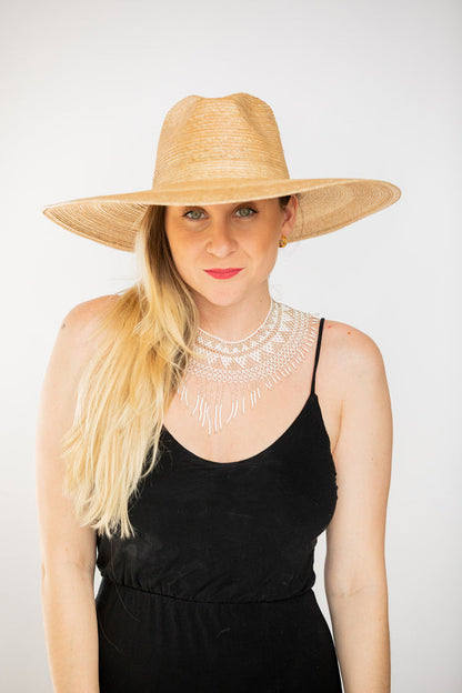 White cascading glass bead hat necklace, view 4